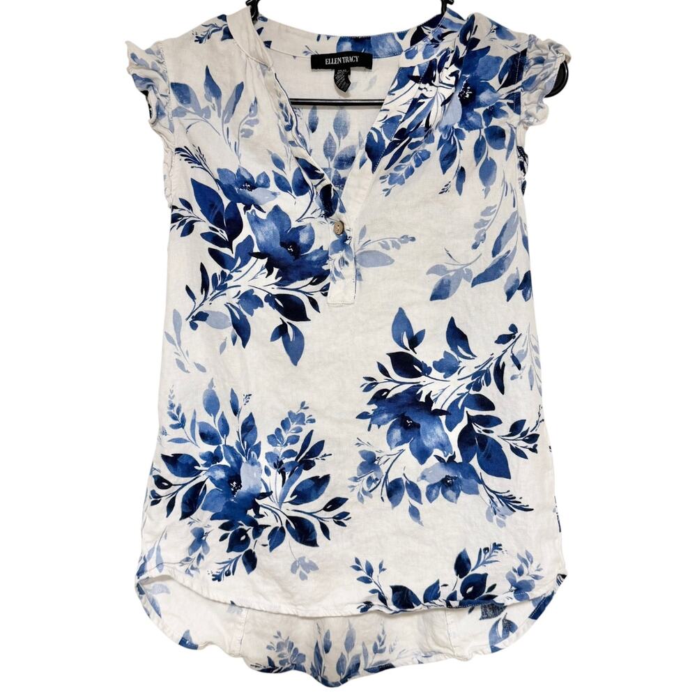 ELLEN TRACY Floral Linen Blend Blouse Size XS Ruffle Trip Cap Sleeve White Blue